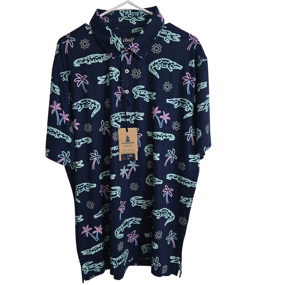 Chubbies XL Golf Polo Navy Alligator Palm Tree Performance Stretch Shirt NWT